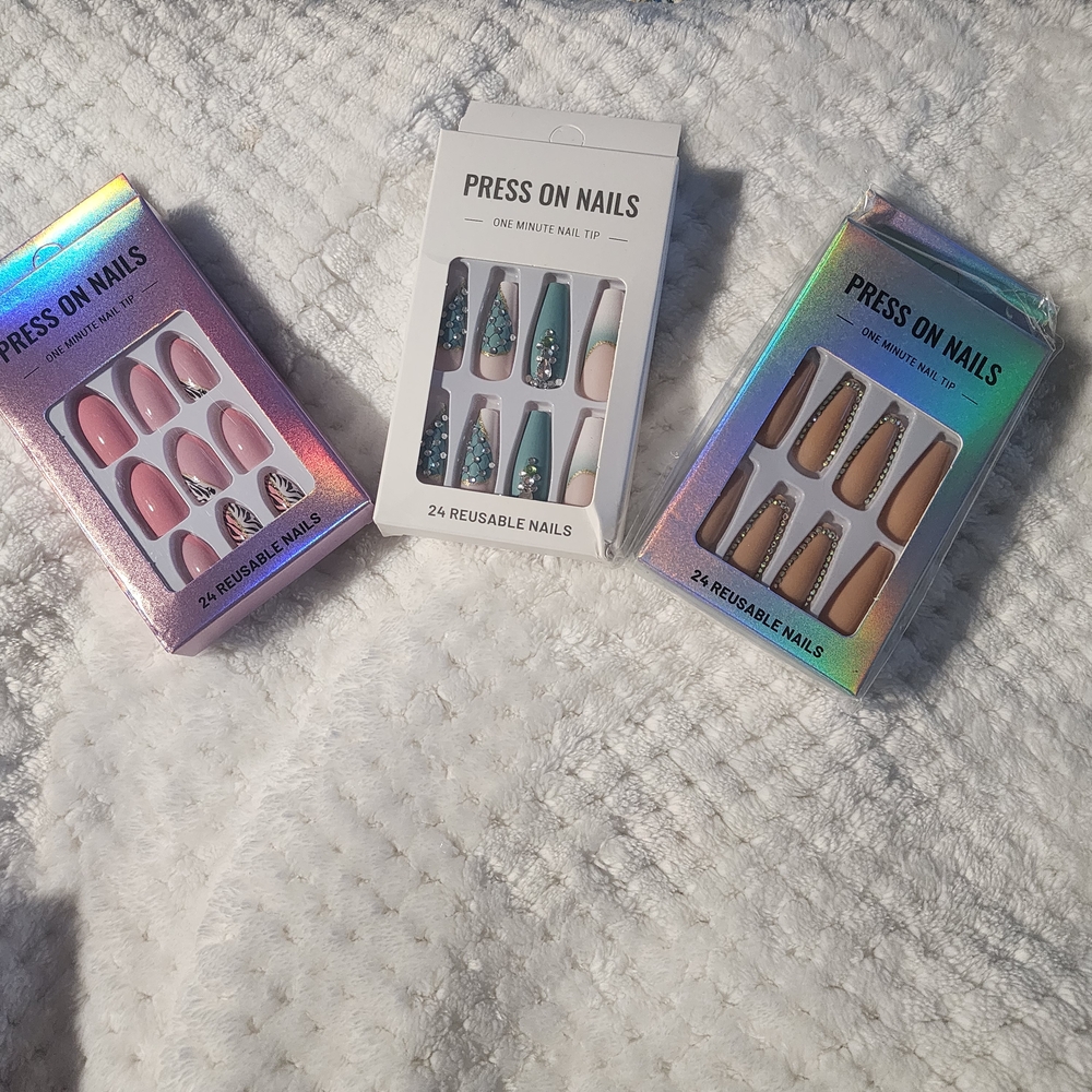 Press On Nails Set - Pink, Blue, Tan